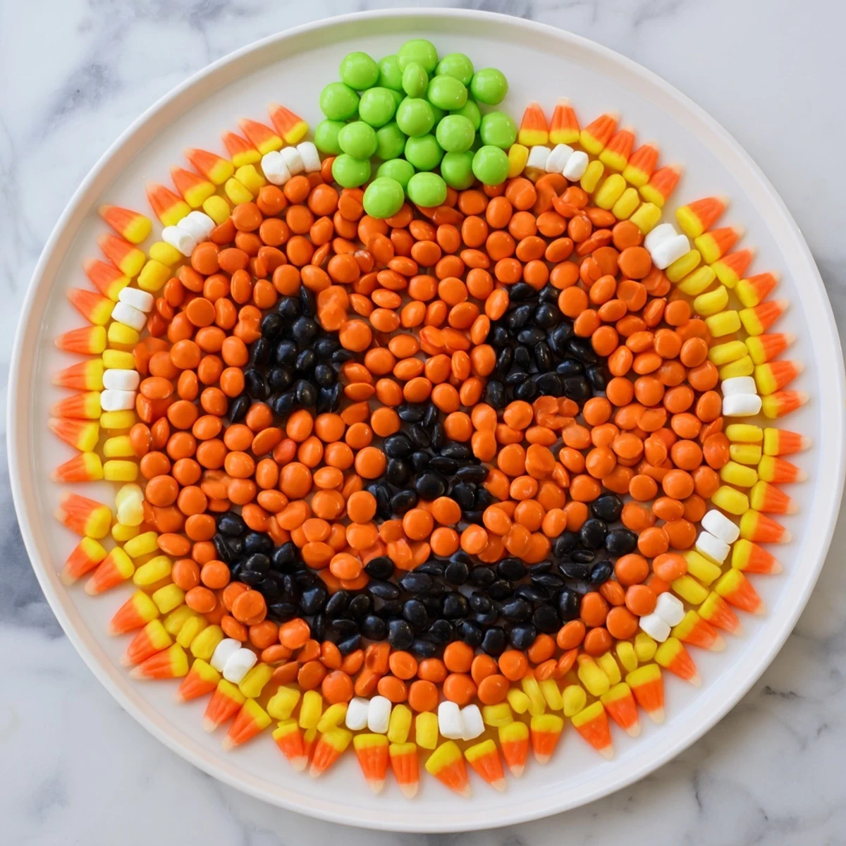 Jack-o-Lantern Candy Board, a colorful Halloween dessert with an inviting, sweet candy arrangement.