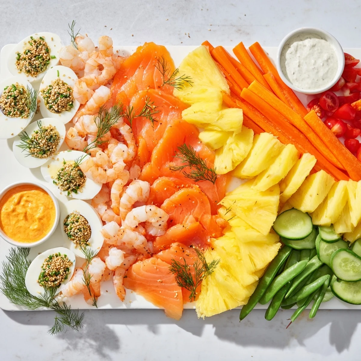 A delicious Wave Rider Surfer Snack Board filled with colorful fruits, crisp veggies, and seafood, ready to eat.