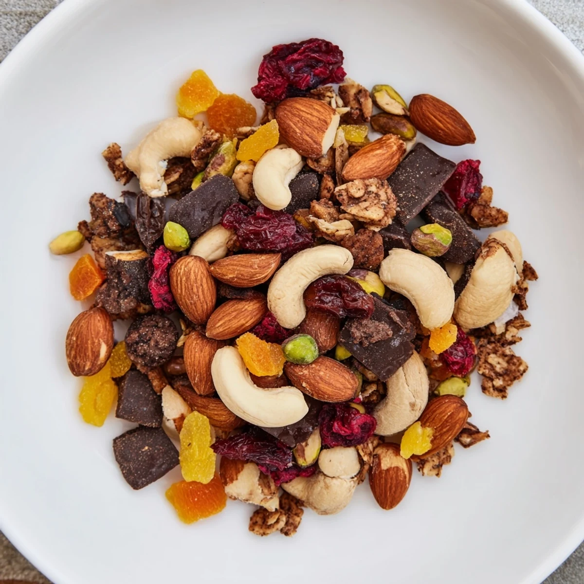 Close-up of Mountain High Adventure Snack Mix: a healthy mix of sweet and savory ingredients.