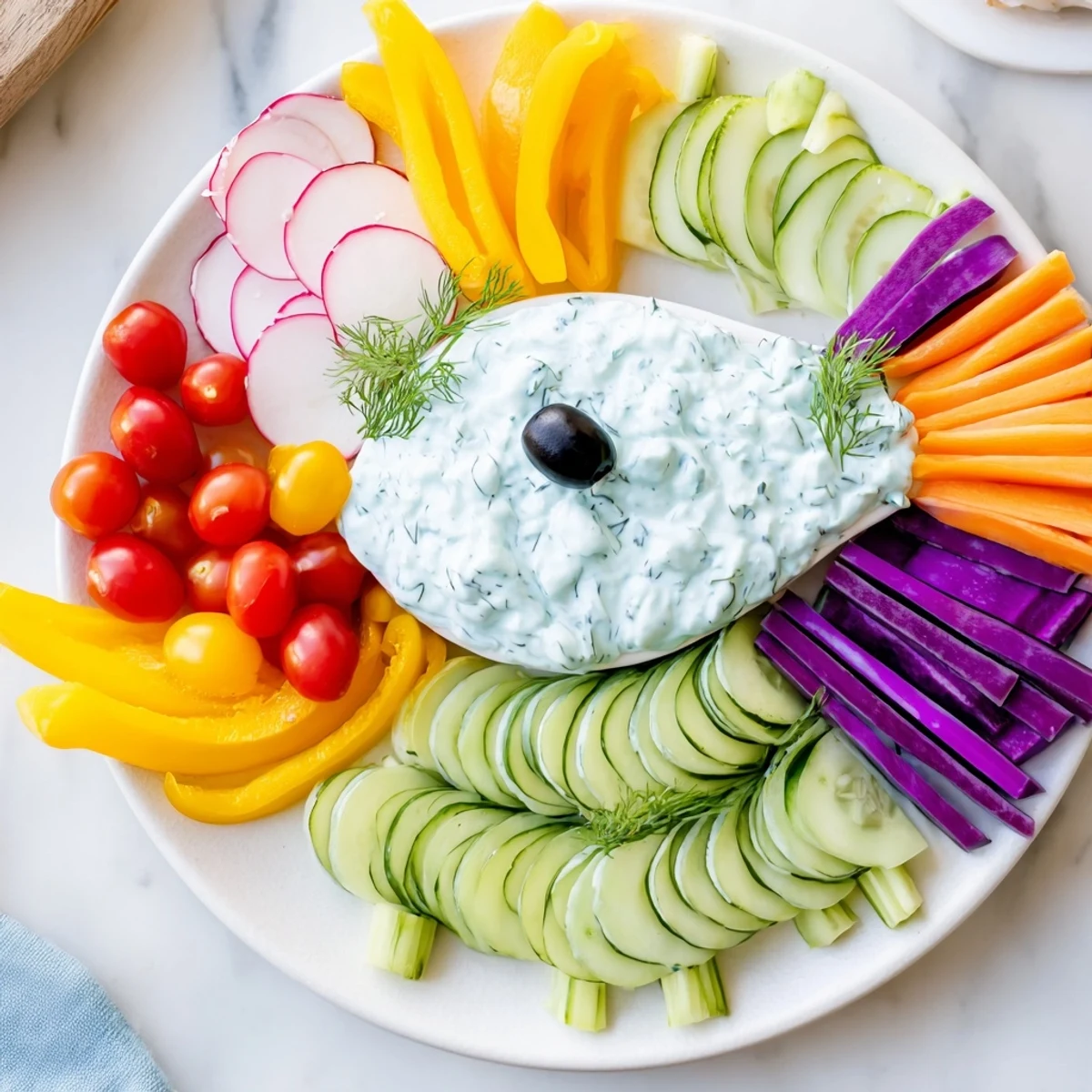 Ocean Blue Fish-Shaped Dip Tray, a whimsical appetizer with colorful vegetables and creamy dips.