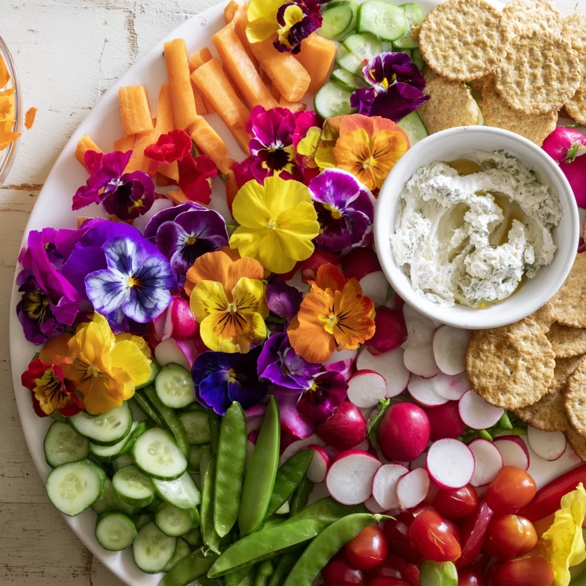 A vibrant Fairy Garden Platter with colorful edible flowers and fresh vegetables.