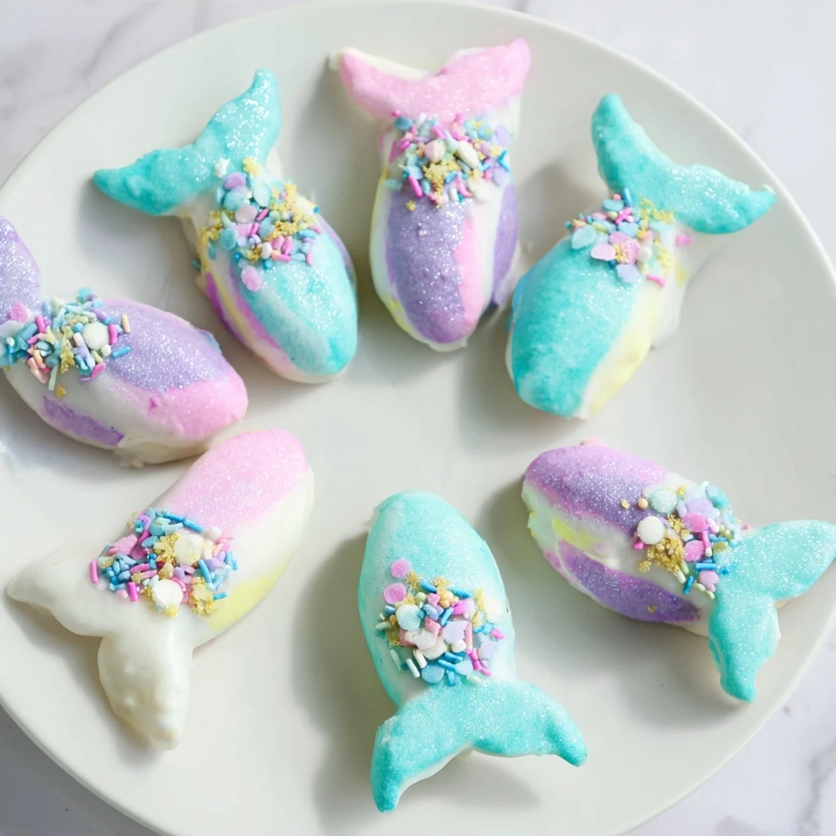 Delicate Mignardises Queue de Sirène, pastel madeleines shaped like mermaid tails, dipped in white chocolate and sprinkles.