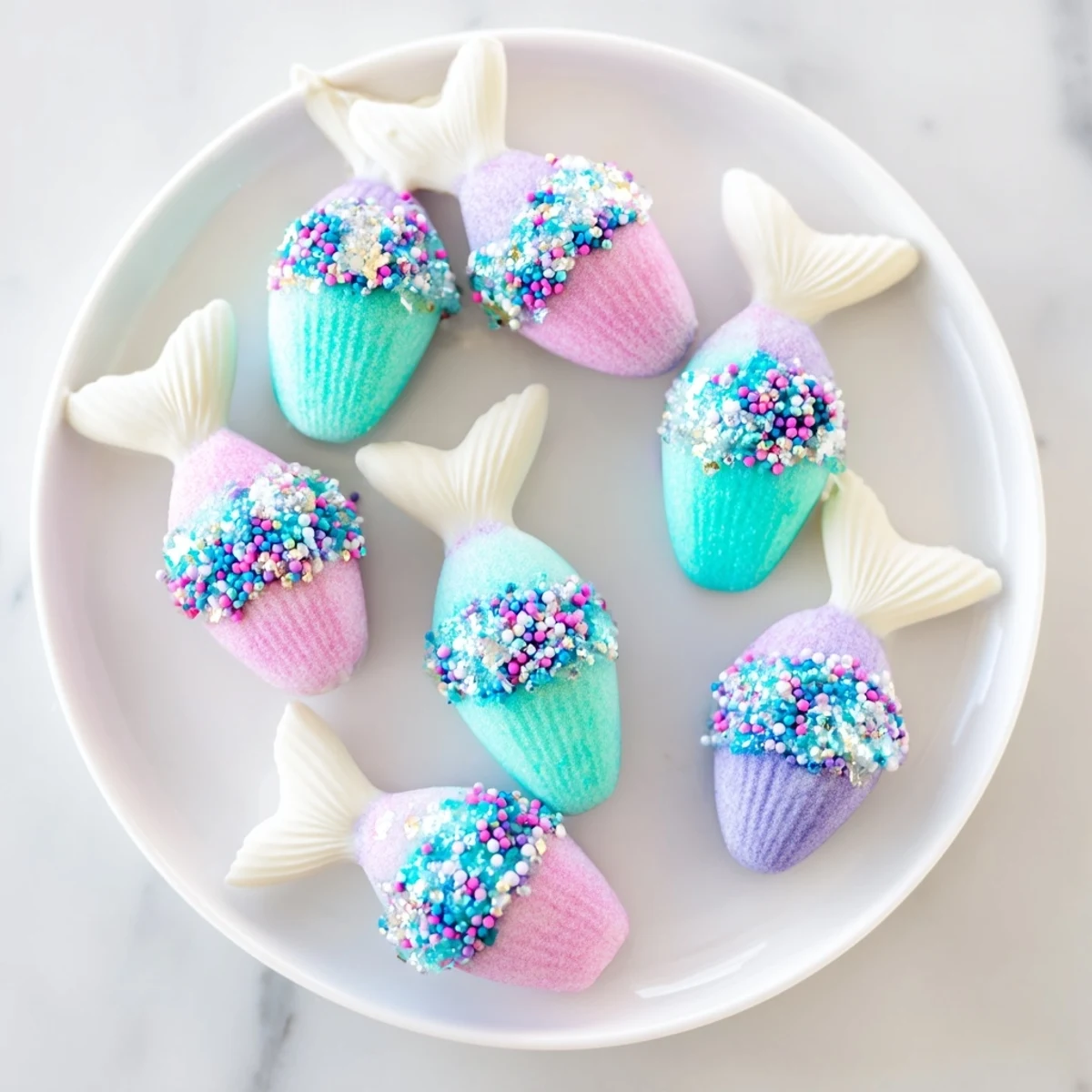 Close-up of shimmering Mignardises Queue de Sirène, showing the colorful mermaid tail-shaped treats ready to eat.