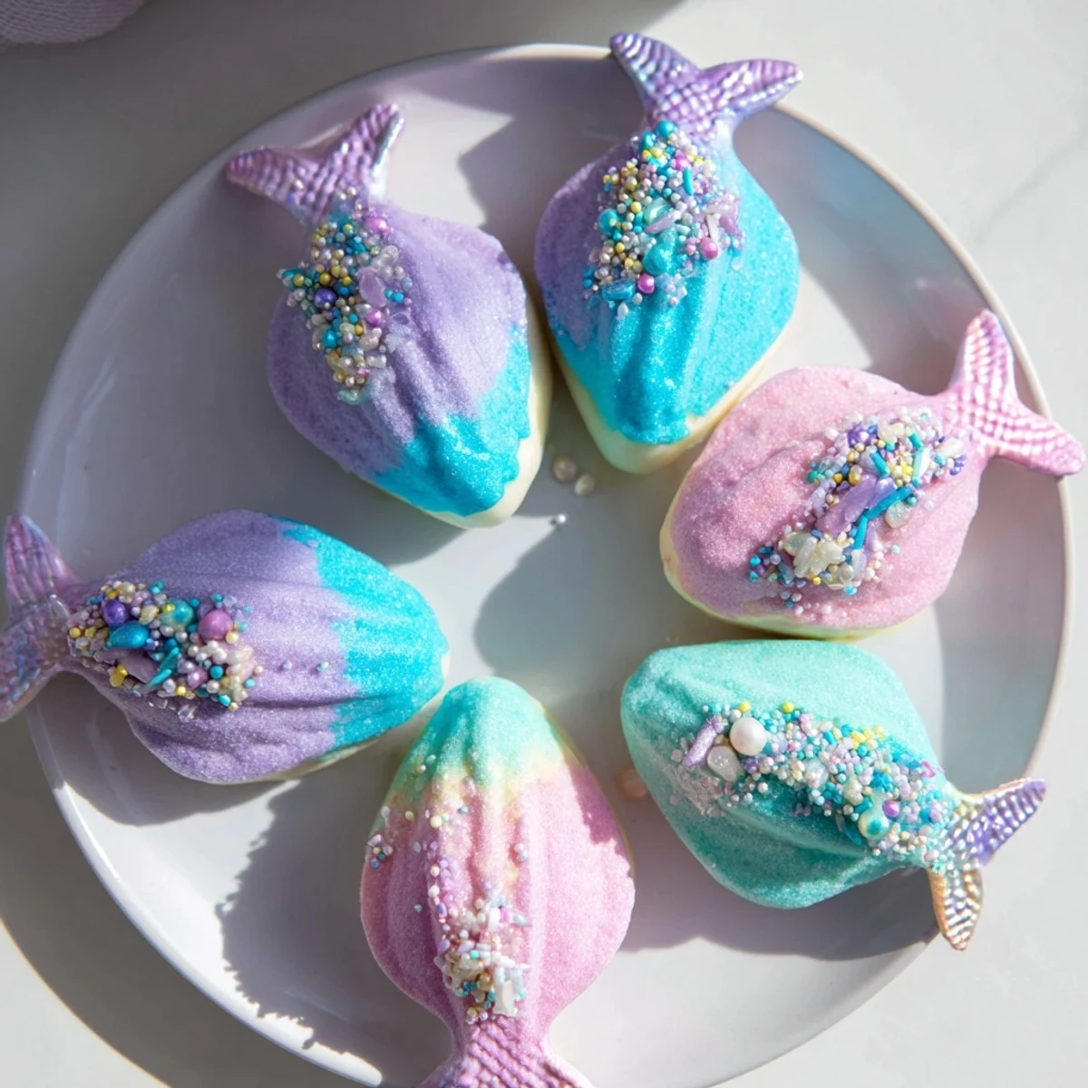 Beautiful, tempting Mignardises Queue de Sirène, a French dessert showcasing airy, colorful madeleines.