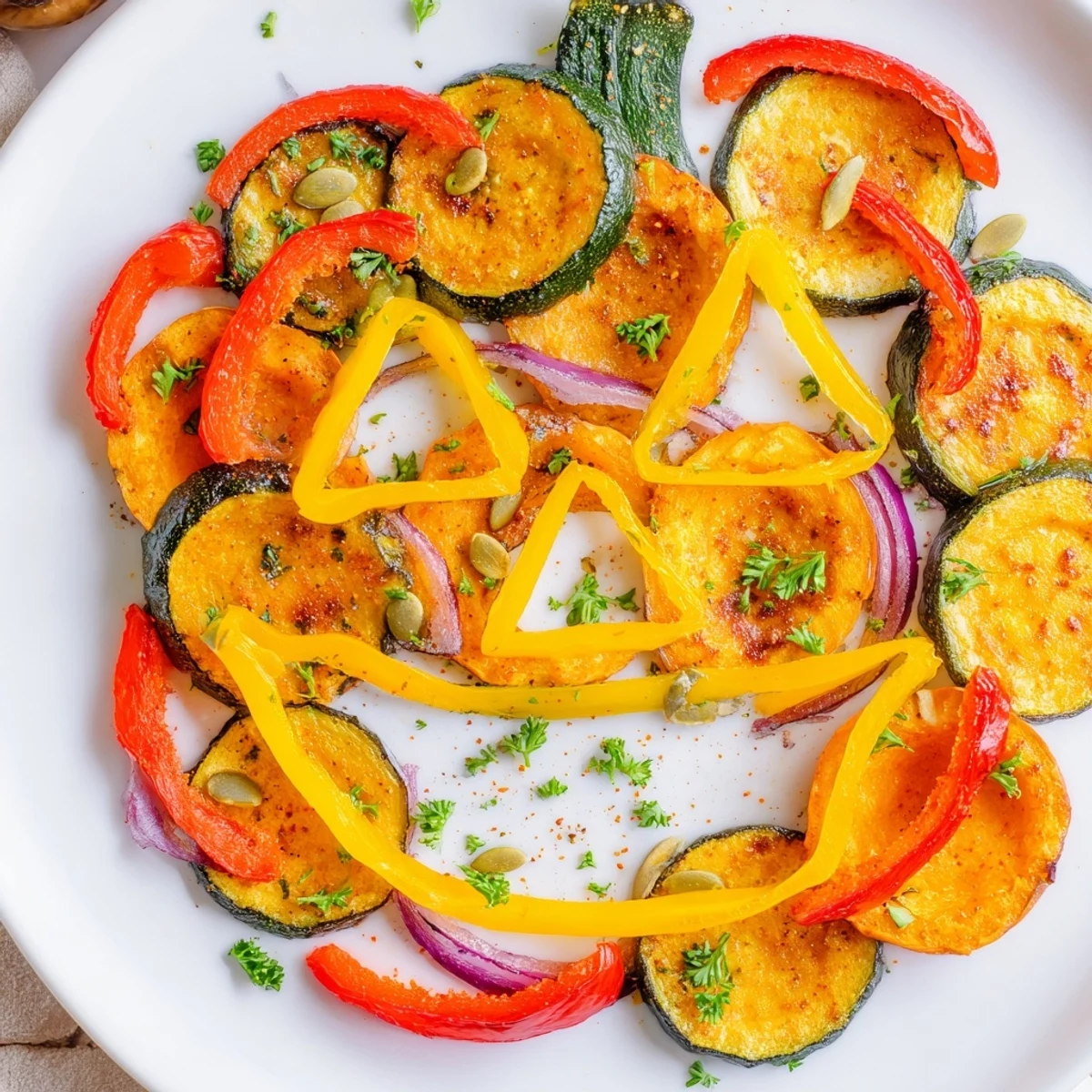 A vibrantly roasted Pumpkin Lantern Halloween Plate, featuring a colorful vegetable jack-o-lantern presentation.