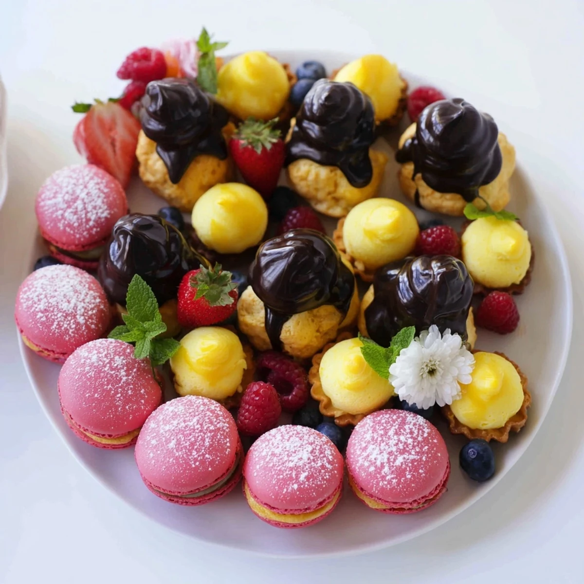 A vibrant Montgolfière dessert platter featuring delicate French pastries and fresh berries.