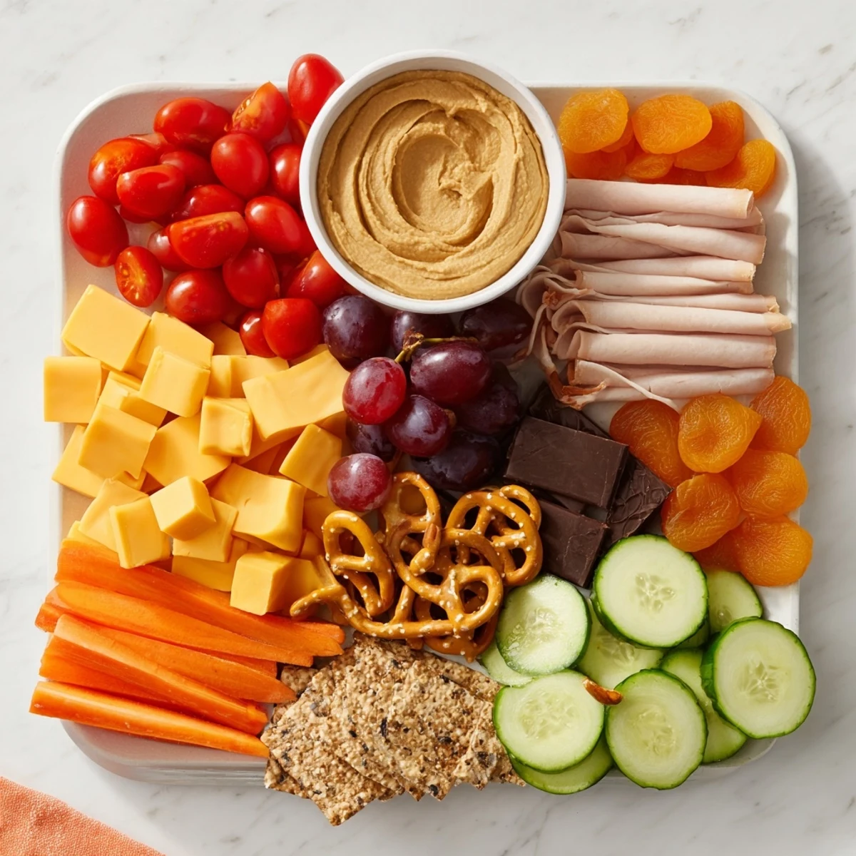Fresh and flavorful road trip snack platter ready to fuel your journey, featuring cheese, nuts, and crackers.
