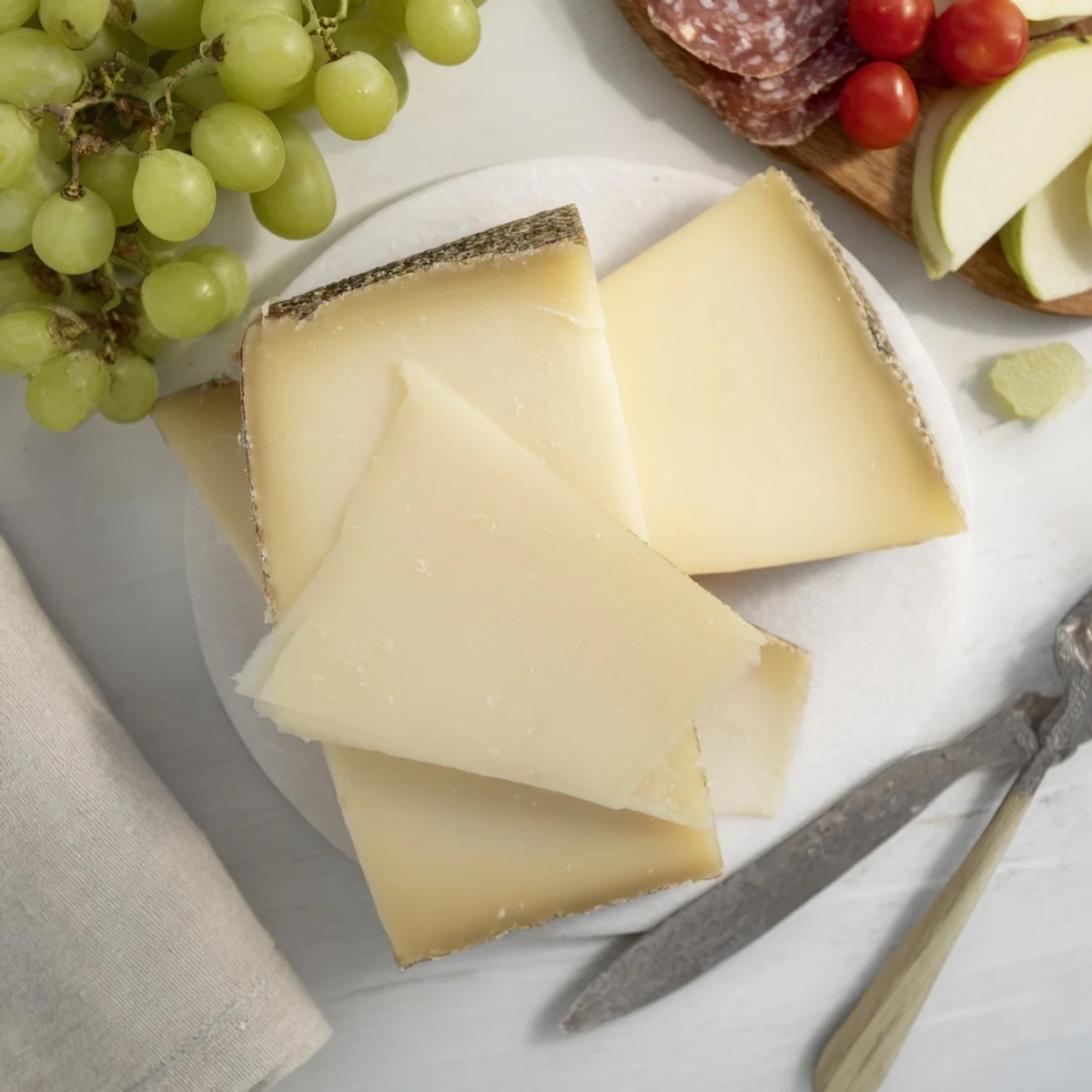 A beautifully arranged Planche Montagne Aventure Collation featuring cheeses, meats and fruit, ready to enjoy.