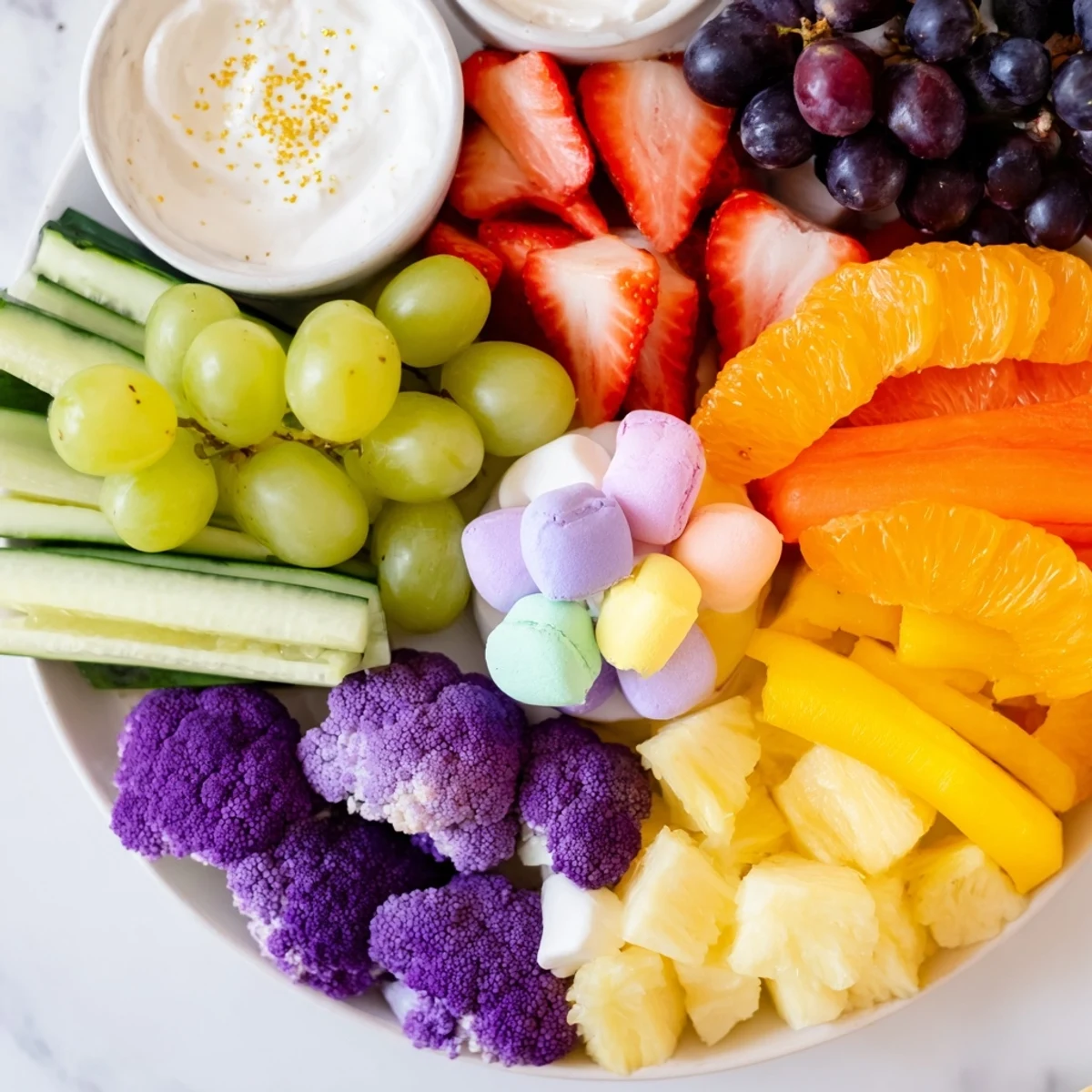 Magical Unicorn Rainbow Snack Board: A colorful platter of fruits and treats, ready for dipping and delightful snacking.
