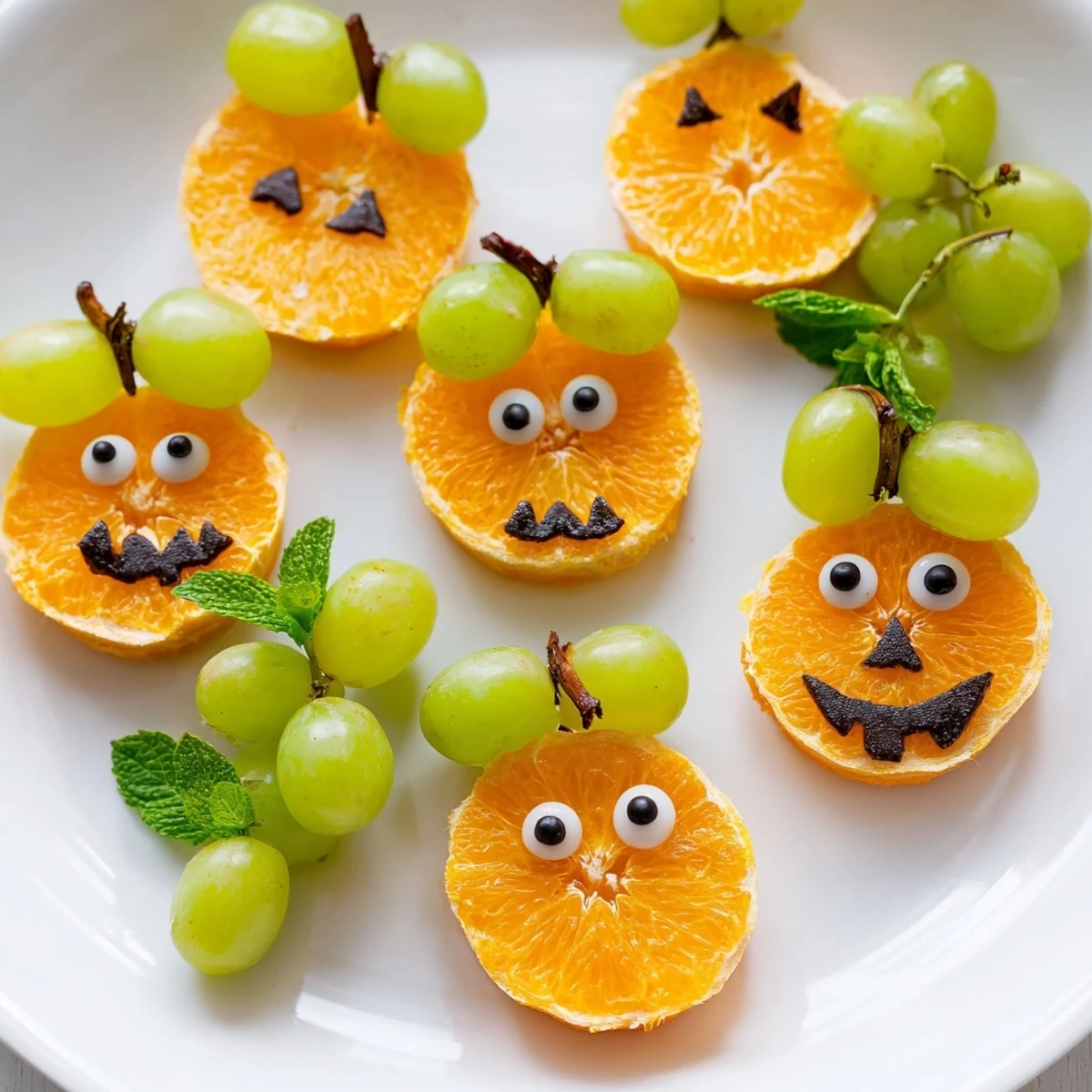 Close-up of bright orange slices decorated as pumpkins, a fun and easy Halloween treat for everyone.