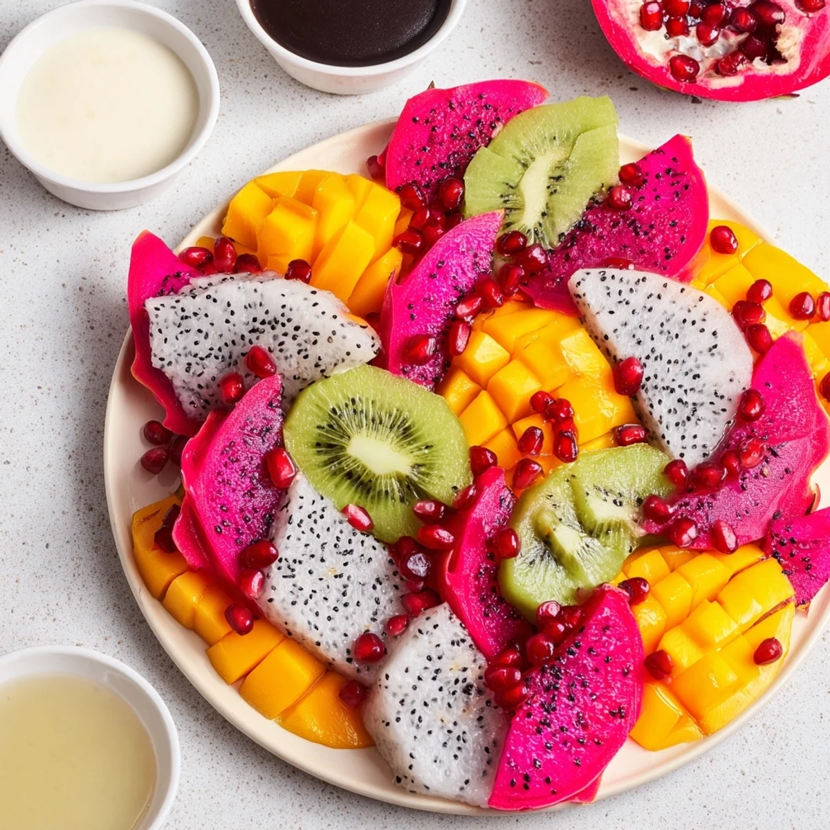 Vibrant Dragon Scales Fruit and Dip Board features an array of fresh, delicious fruits and dips.