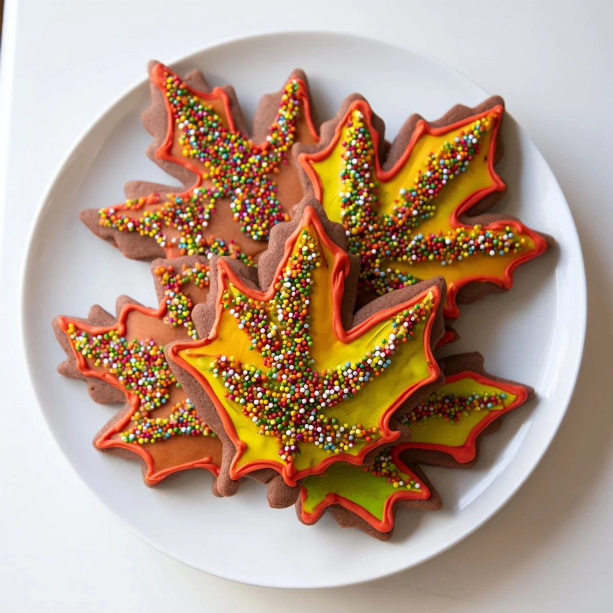 A close-up of beautifully iced Maple Leaf Cookies, prepared for fall celebrations with colorful icing.