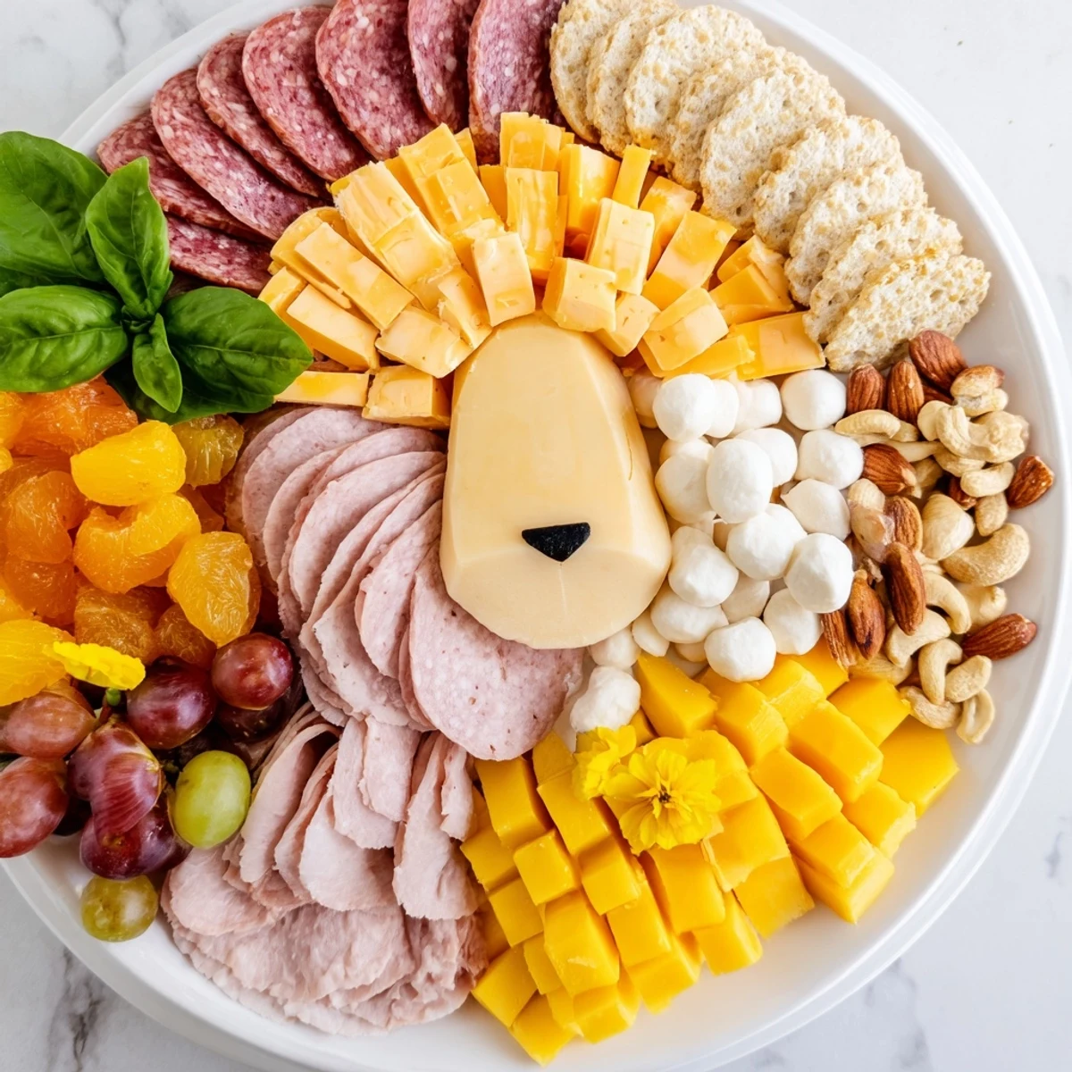 Delicious Lion King Savory Meat and Cheese Platter, a gluten-free appetizer ready to enjoy.