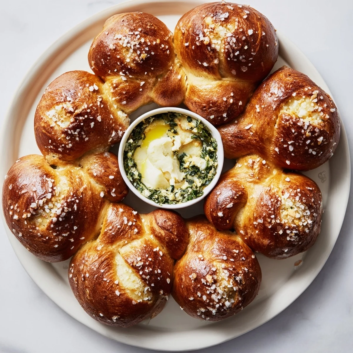 A close-up shot of a pretzel wreath dip ring, showcasing soft pretzel bites and creamy dip inside.