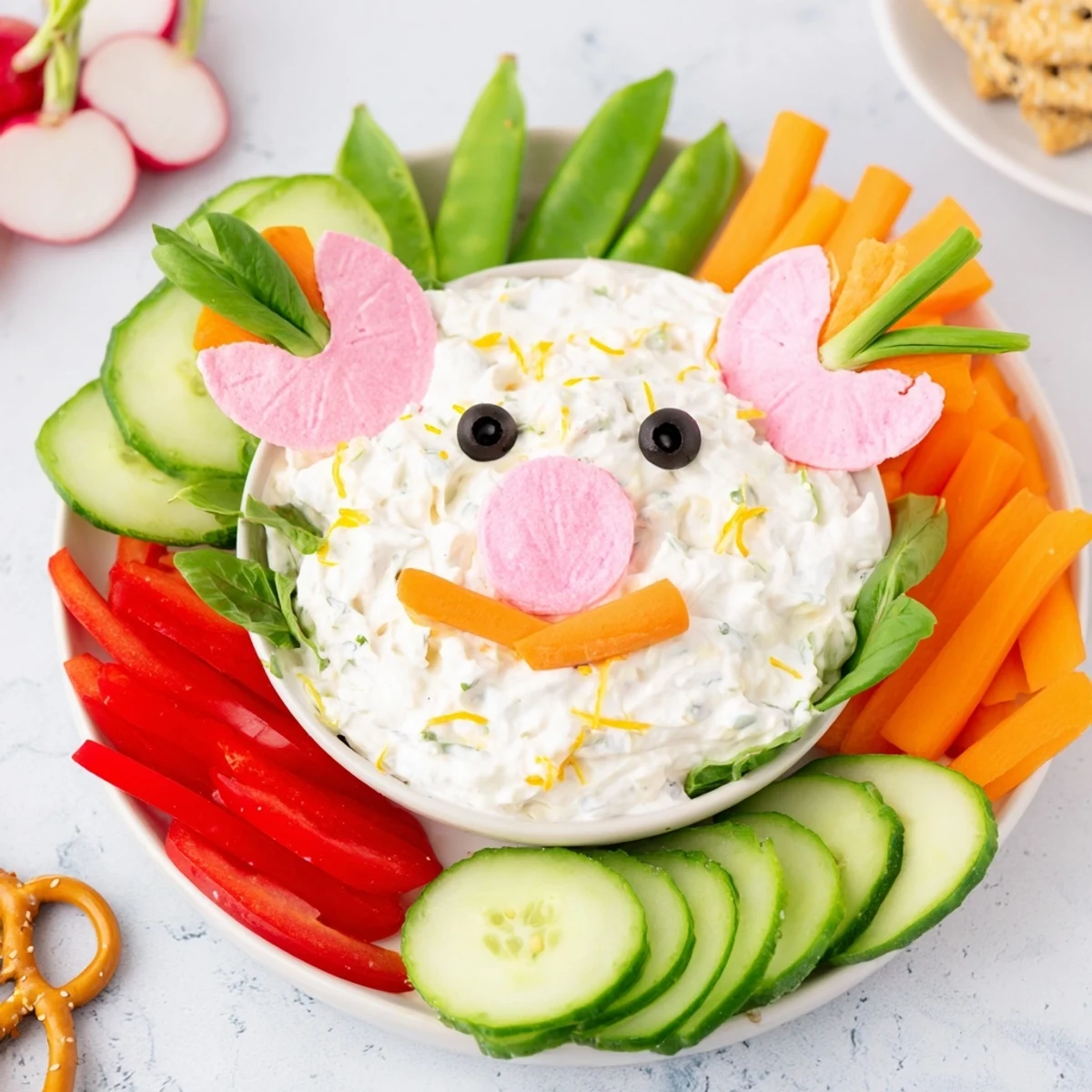 Piggy Face Dip Bowl surrounded with fresh, colorful dippers, a fun appetizer for kids.