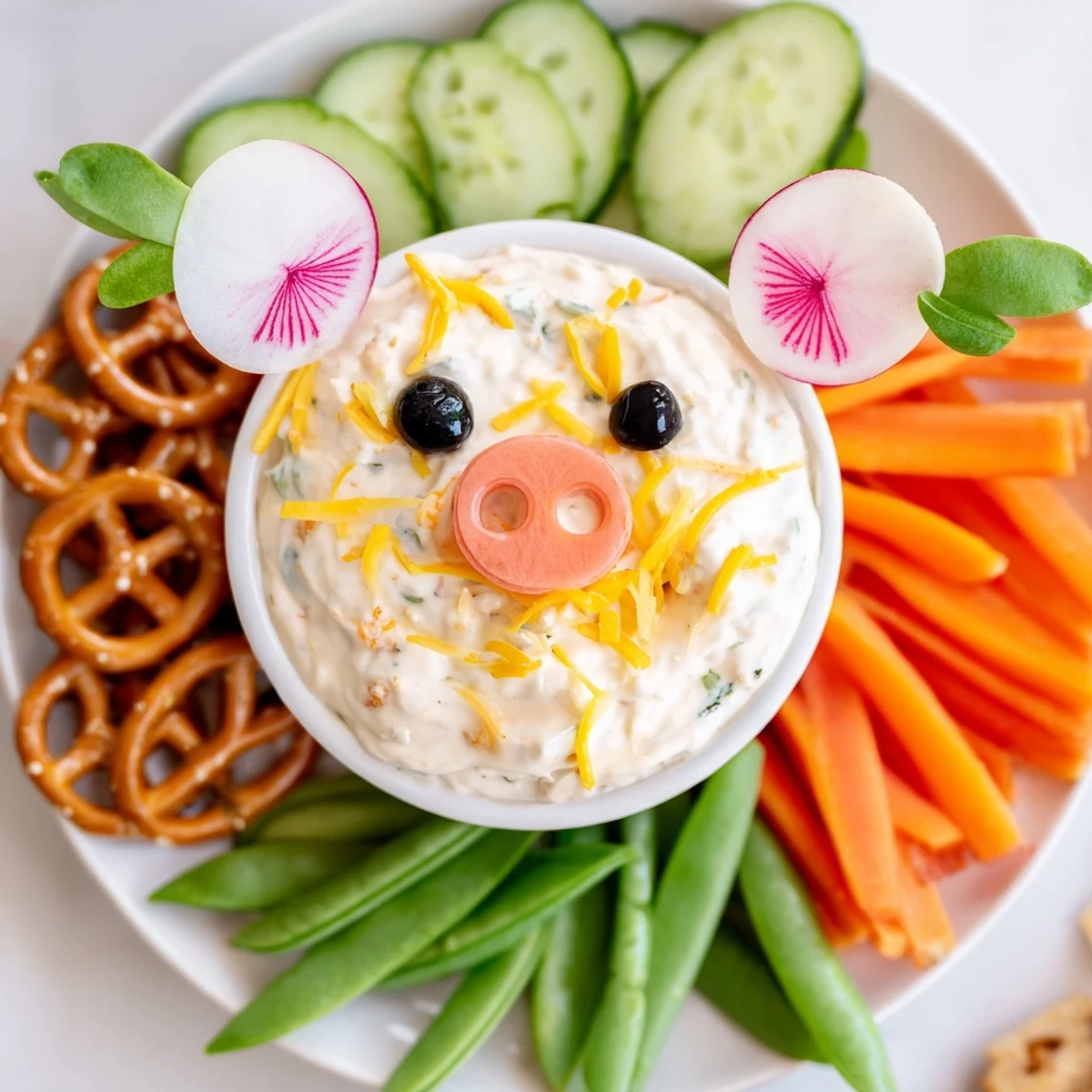 Creamy Piggy Face Dip Bowl with a pink snout and olive eyes, ready for dipping vegetables.