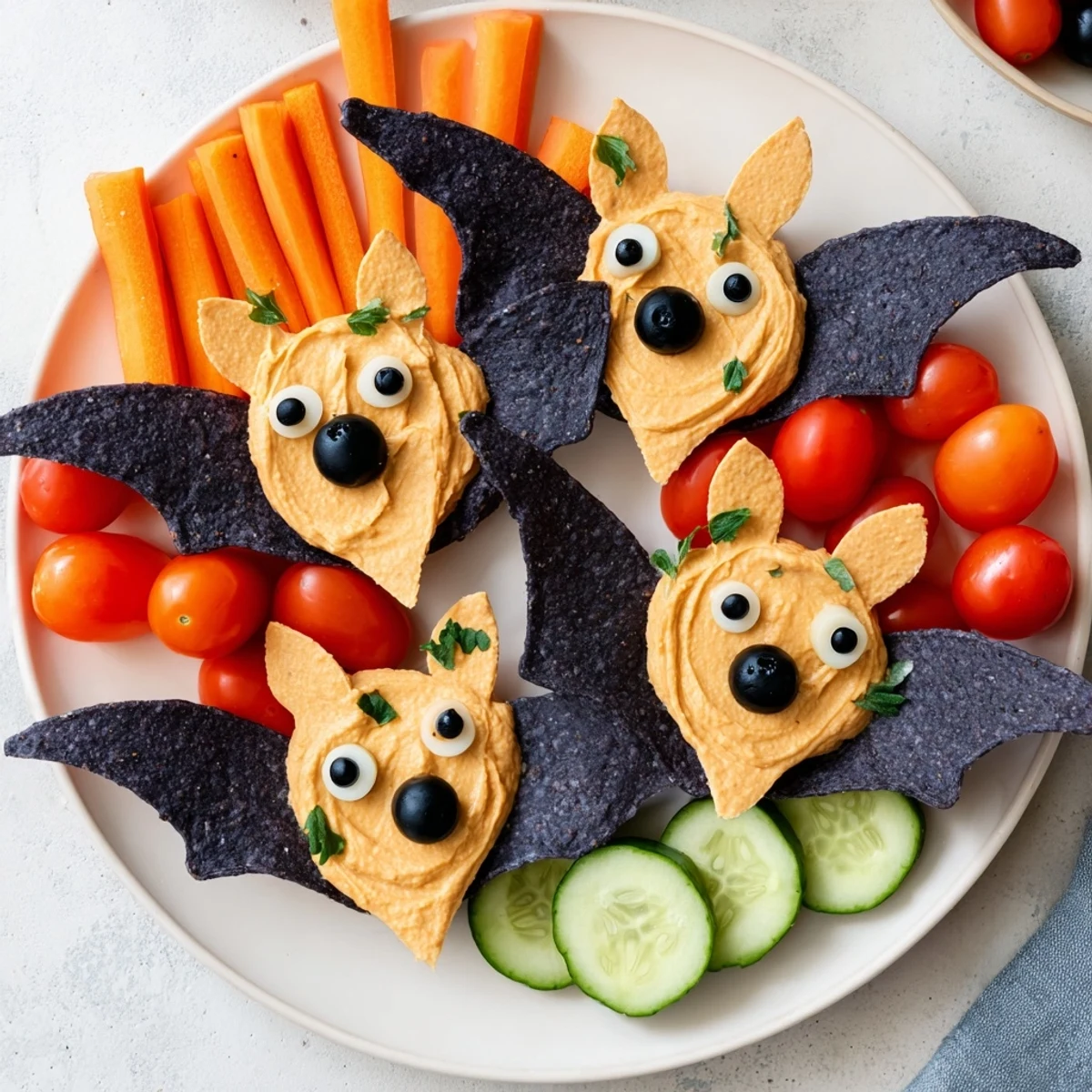 A delicious Spooky Bat Bean Dip platter, ready to be served with colorful veggies and chips.