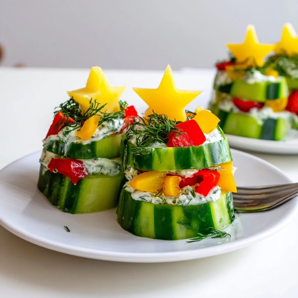 Fresh Holiday Star Cucumber Bites, perfect party appetizers, featuring creamy cream cheese and star-shaped cucumbers.