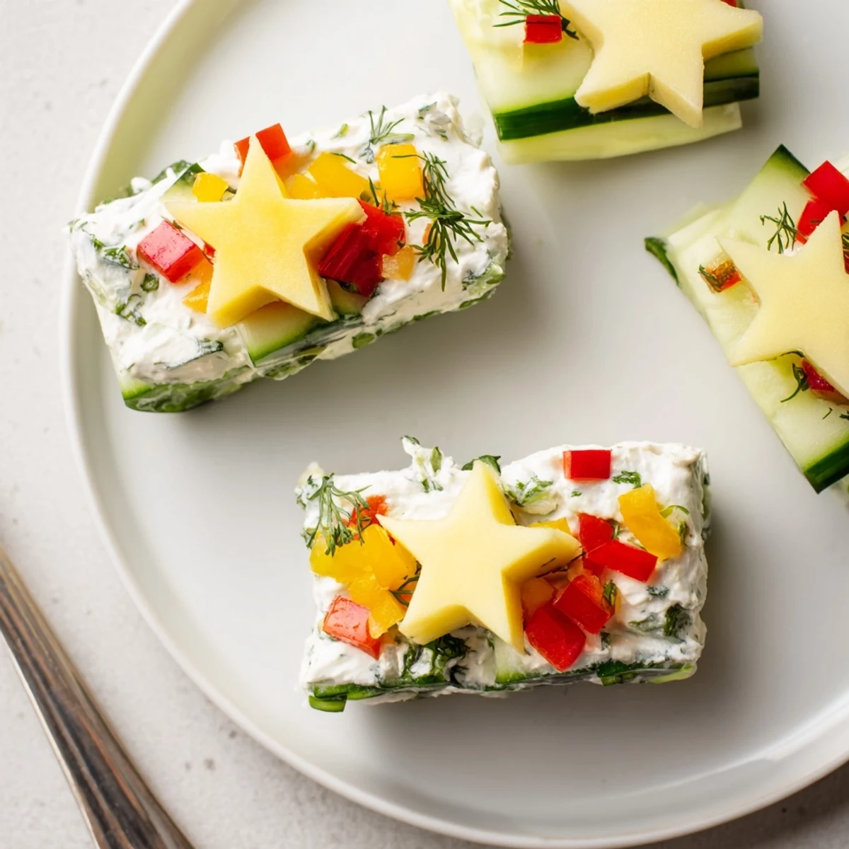 Vibrant Holiday Star Cucumber Bites: refreshing cucumber rounds topped with a zesty cream cheese mixture, ready to serve.