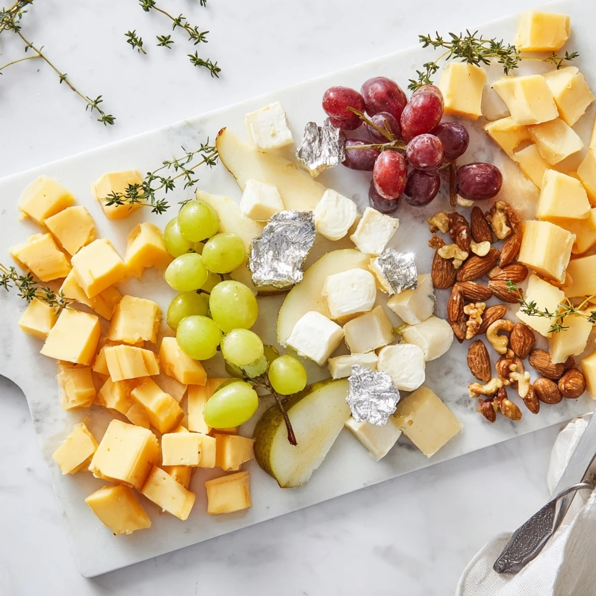 Gold and Silver Cheese Cube Board beautifully arranged with grapes, perfect for New Year's Eve.