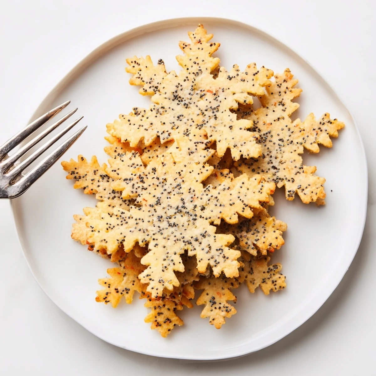 Buttery snowflake cutout gourmet crackers beautifully arranged on a cheese board for holiday snacking.