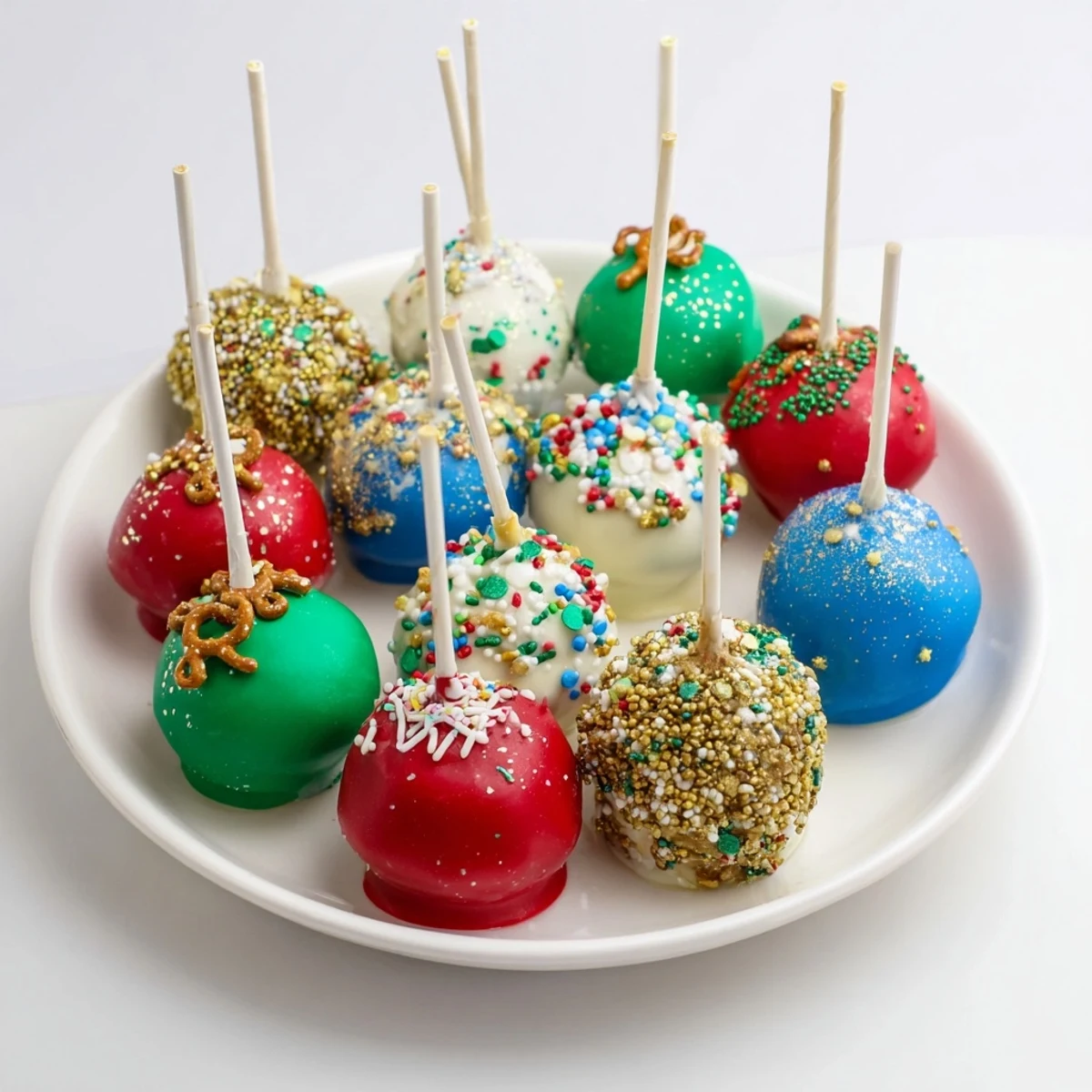 Shiny, decorated ornament ball cake pops, perfect for a party, looking delicious and fun.