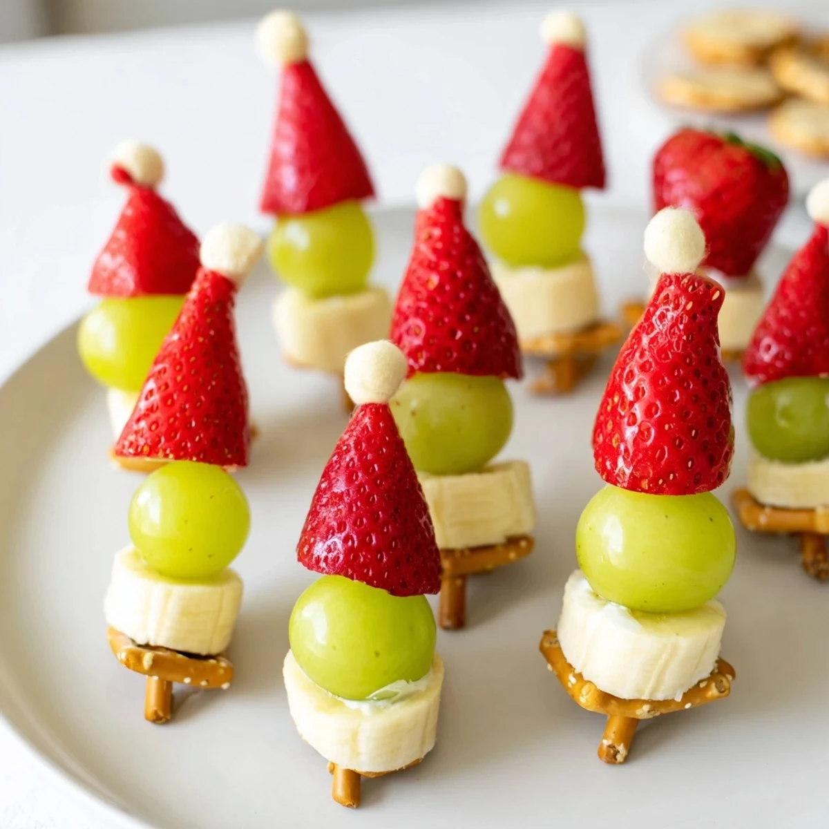 Elf Hat Strawberry Skewers: Fruity treats arranged to look like elf hats, a fun and easy snack.