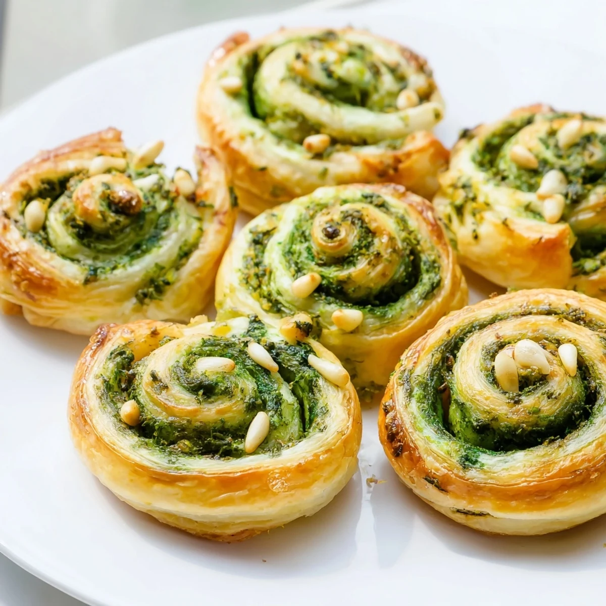 Warm, freshly baked savory bites: star-shaped pesto pinwheels with visible flaky pastry layers.