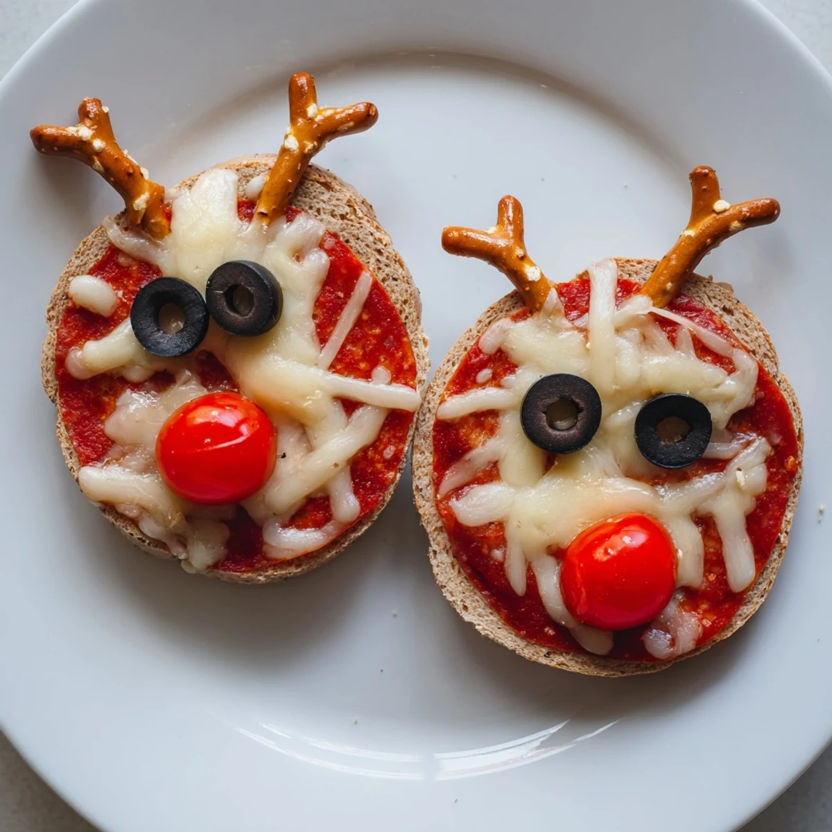 Festive reindeer bagels with melted cheese and olives create holiday fun!