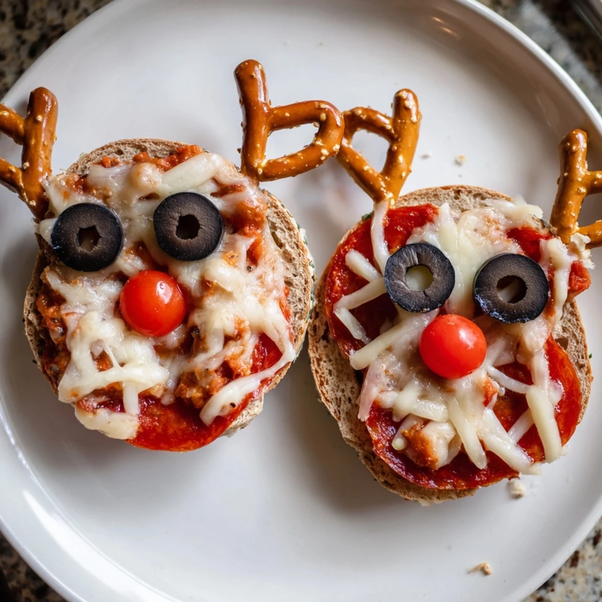 Homemade Reindeer Face Pizza Bagels, a delicious and cheesy kid-friendly meal option.