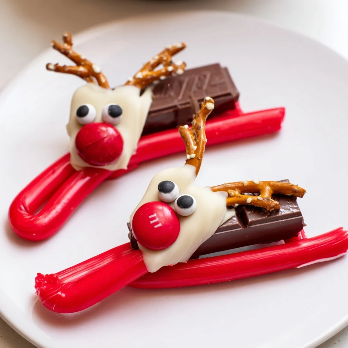 Deliciosas trineos de bastones de caramelo Rudolph, decorados con pequeños ojos dulces y una nariz roja.