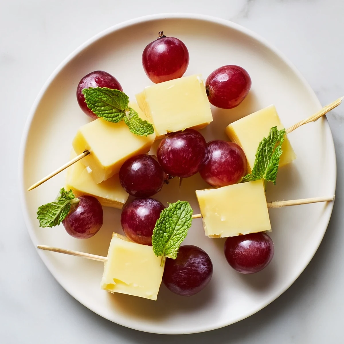 Cheese and Grape Skewers ready to serve, a colorful snack with cheddar, gouda, and red grapes.