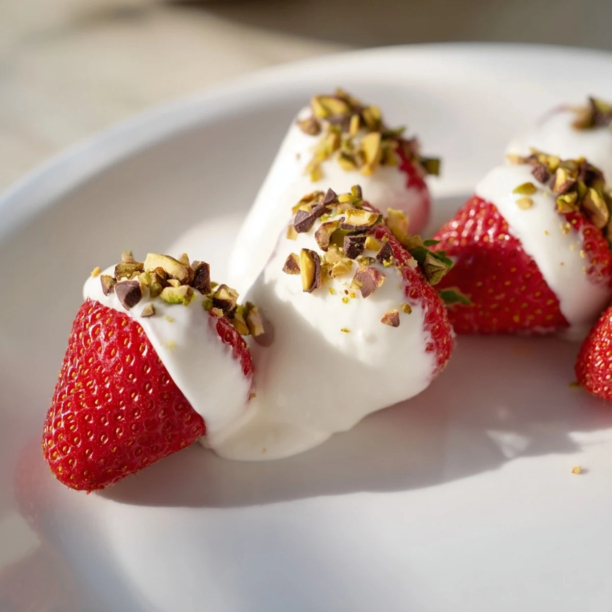 Enjoy these frozen Yogurt Dipped Strawberry Half-Circles: a beautiful, healthy treat with fresh strawberries.
