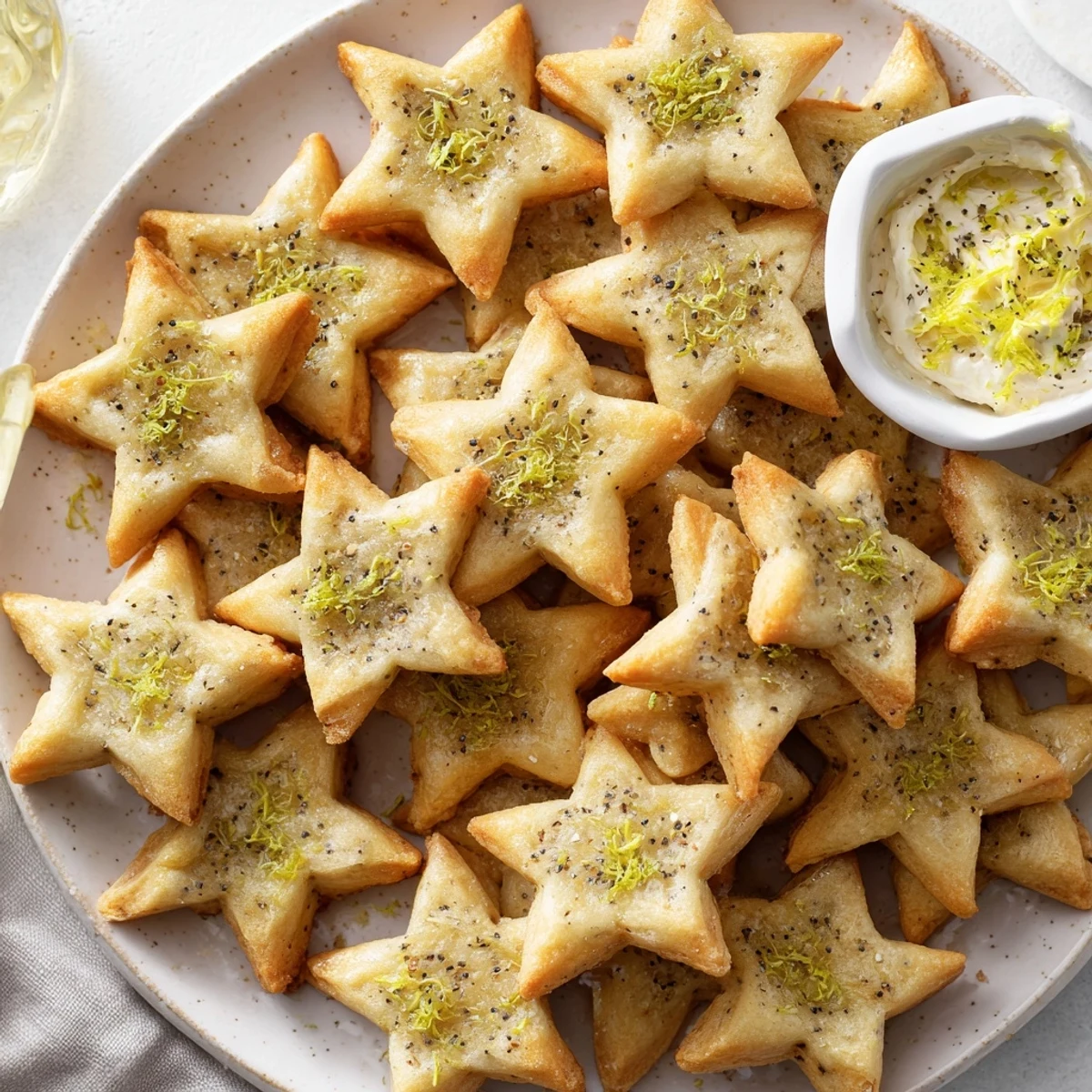 A platter of freshly baked Holiday Crackers, with a creamy dip, ready for savory enjoyment.