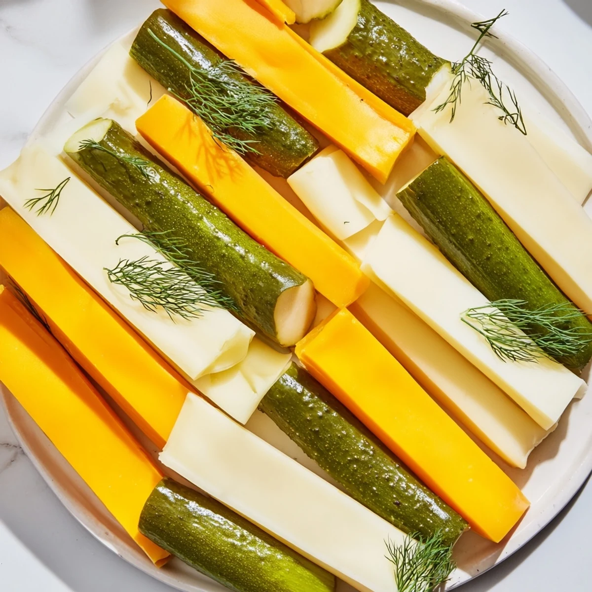 A vibrant platter of dill pickles and sliced cheese, a quick and easy appetizer.