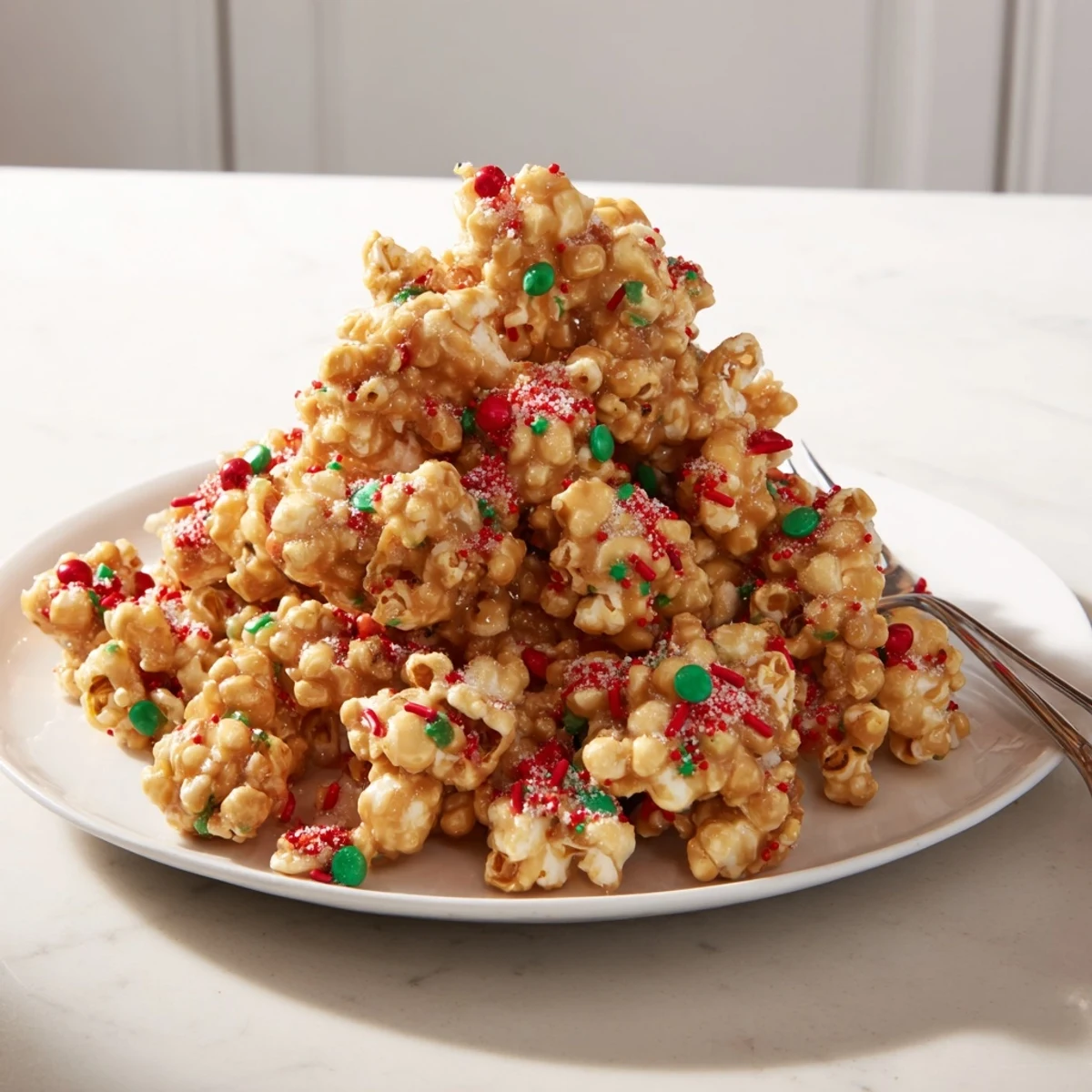 Close-up of crispy Popcorn Piles, coated in sweet syrup and loaded with colorful sprinkles, delicious!