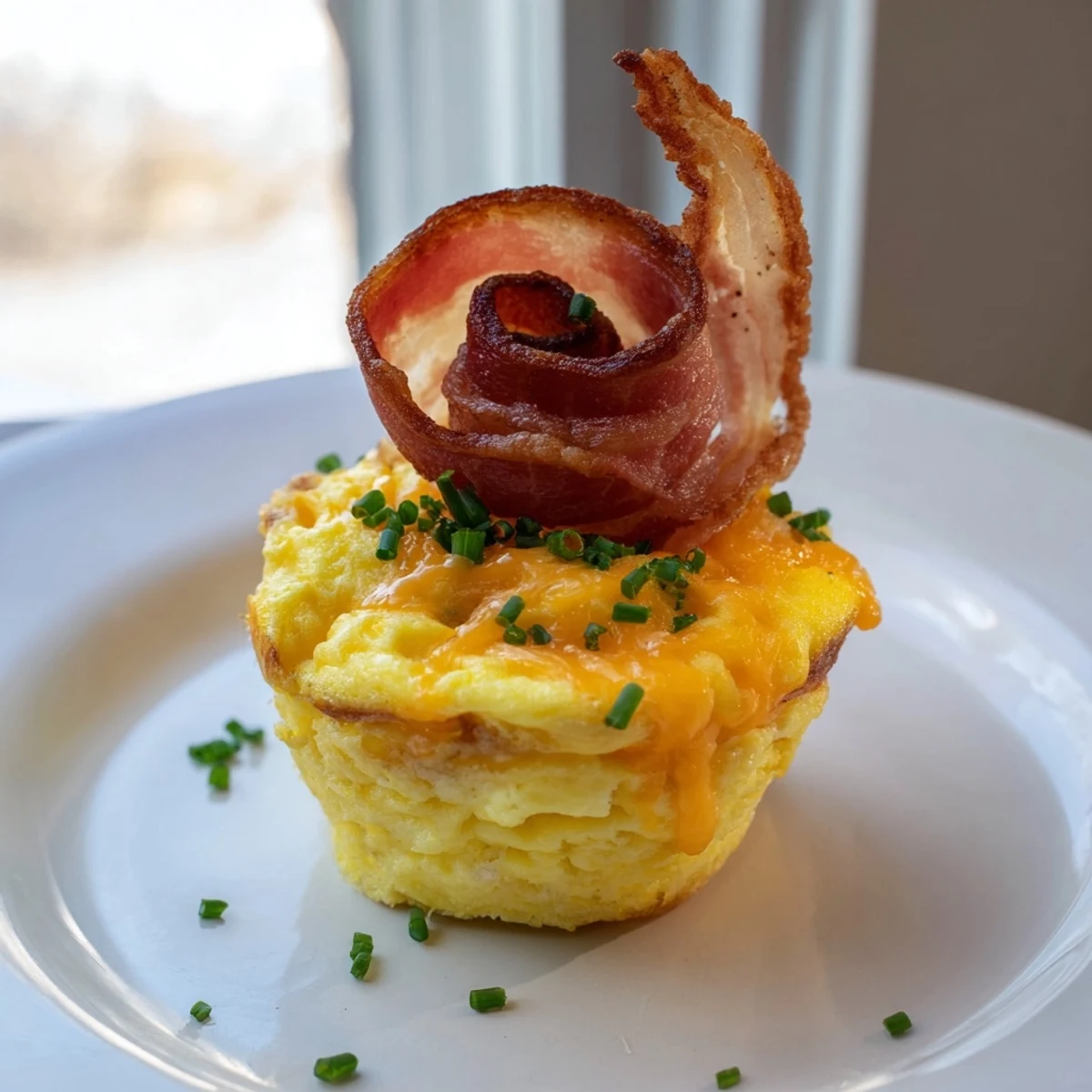 Golden baked Scrambled Egg Cups with crisp bacon, perfect for a quick and easy breakfast.