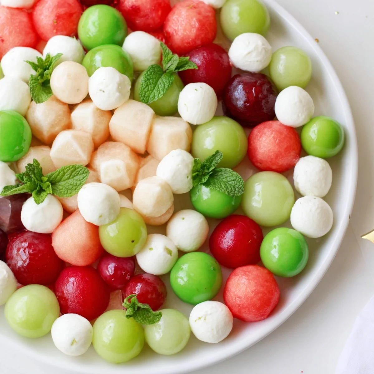 The colorful Polka Dot Platter, a fresh and easy party appetizer with melon and cheese.