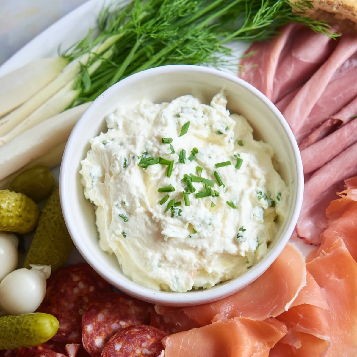 A visually stunning Compass Rose appetizer platter showcasing sliced meats around creamy dip.