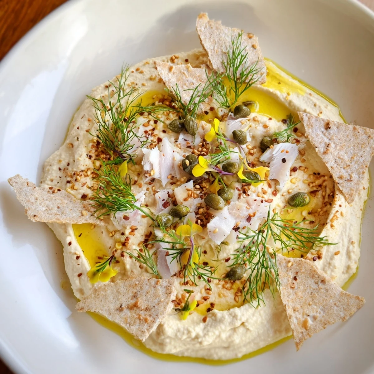 The Driftwood Beach appetizer with smoked fish and hummus on a platter, ready to eat.
