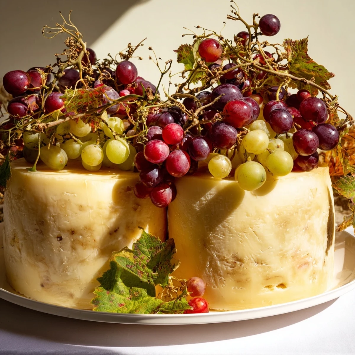 Rustic Vineyard cheese board with fresh grapevines, grapes, and rustic cheese wheels ready to serve.