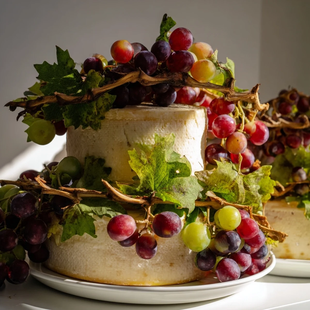 The Rustic Vineyard: a beautiful appetizer platter of artisanal cheese and fresh grapes, ready to share.