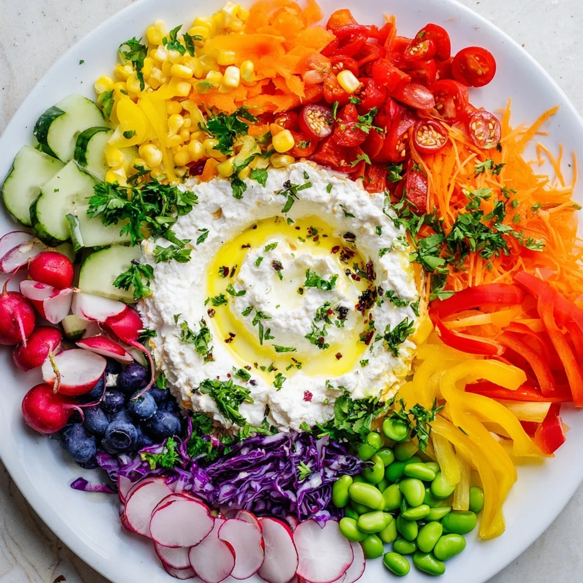 The Prism Burst salad is a colorful, fresh vegetarian delight, a feast for the eyes.