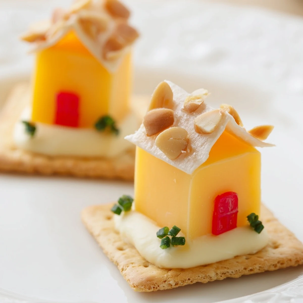 Tiny Alpine Village: Festive cheese houses with almond roofs on snowy crackers for appetizers.
