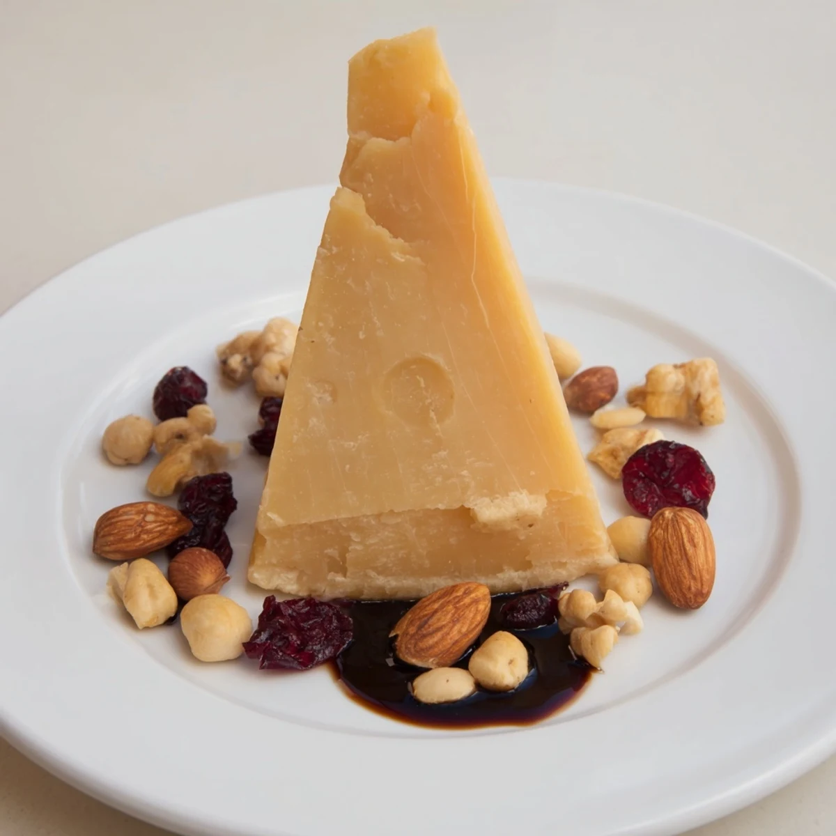 Aged hard cheese sundial cheese platter with balsamic shadow and nut clusters, visually stunning.
