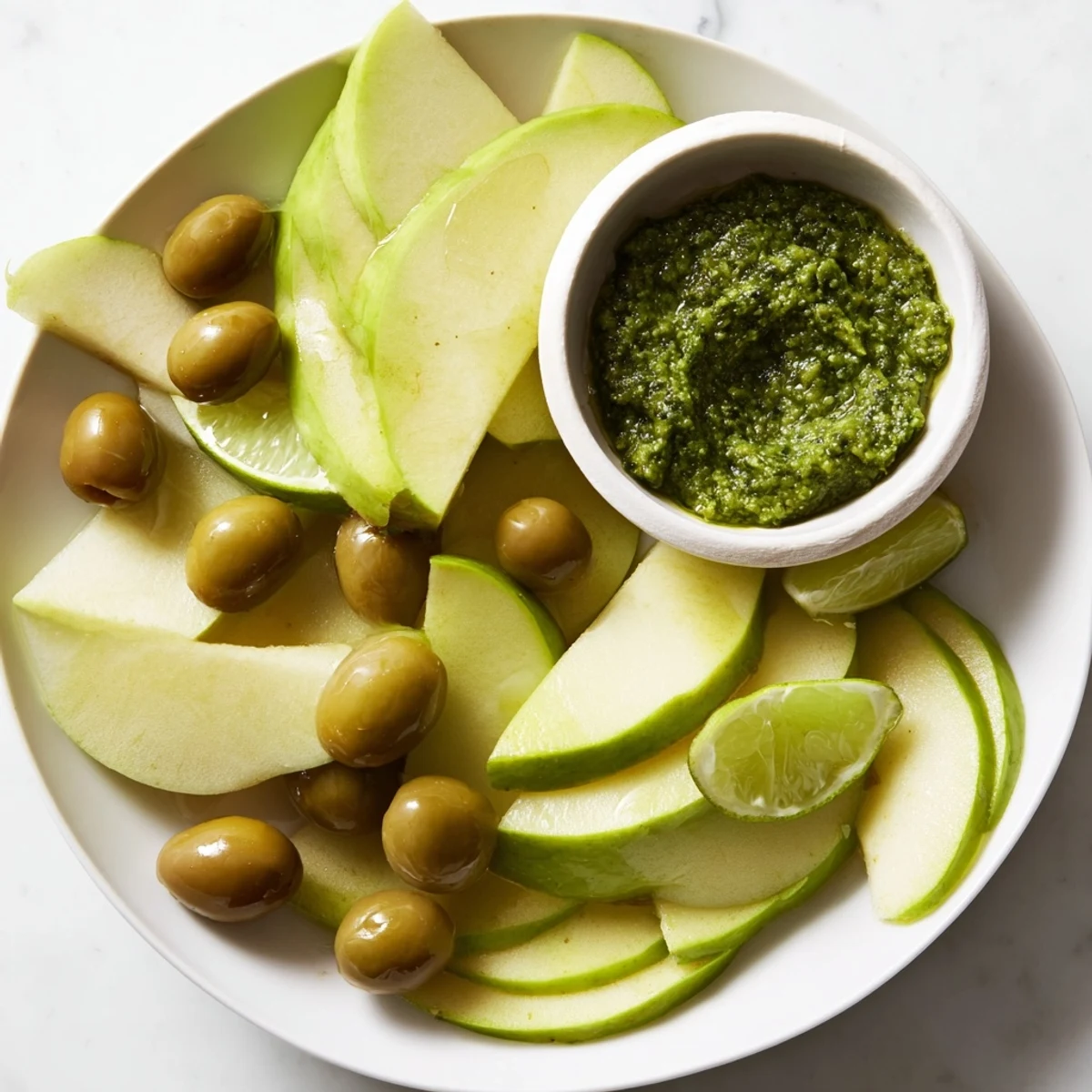 A vibrant Emerald City snack board: Green apples, pesto, olives, and limes for a party.