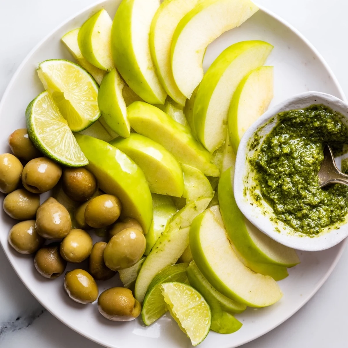 This visually appealing Emerald City board showcases green apples, limes, and olives with pesto.