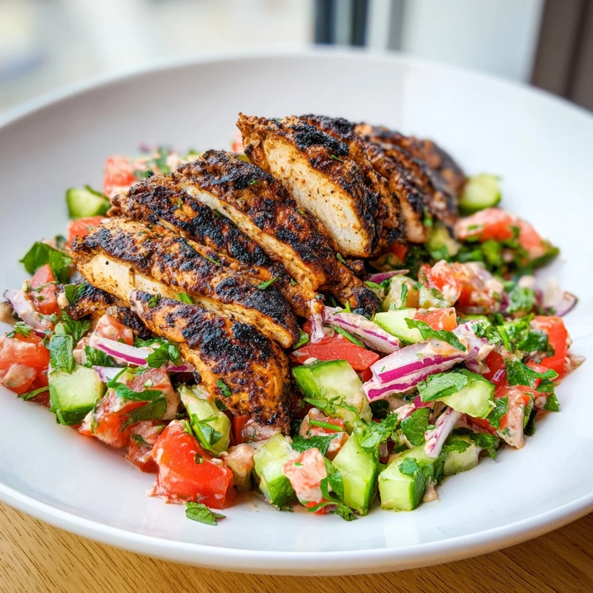 Chicken Shawarma Salad with Tahini: a vibrant salad topped with perfectly spiced chicken and creamy tahini dressing.