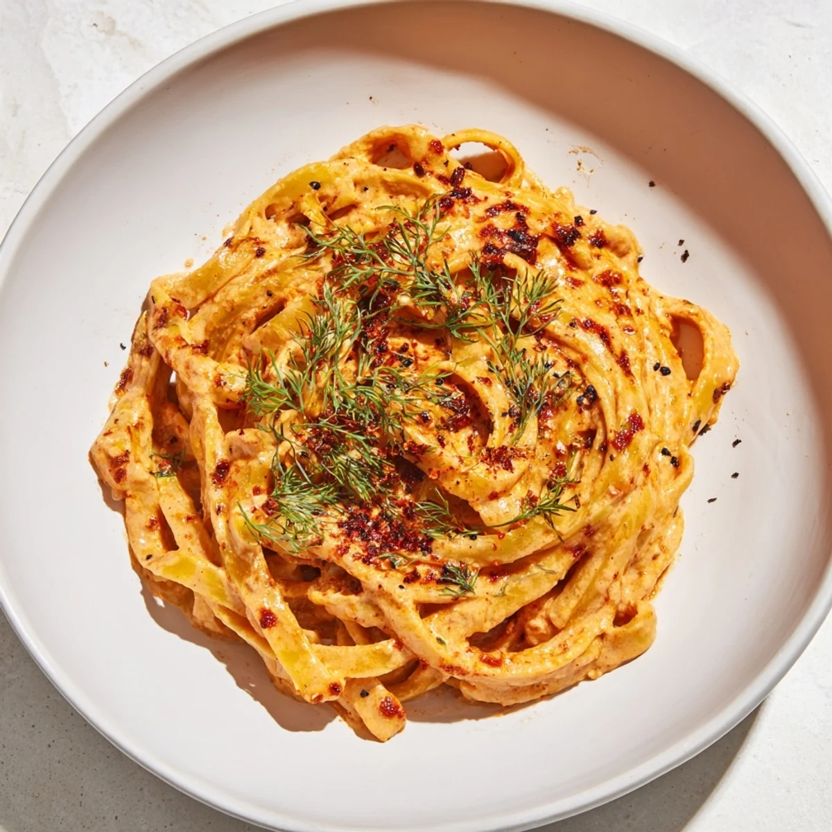 A close-up of steaming Turkish Pasta, showing the rich red paprika butter and creamy yogurt sauce.