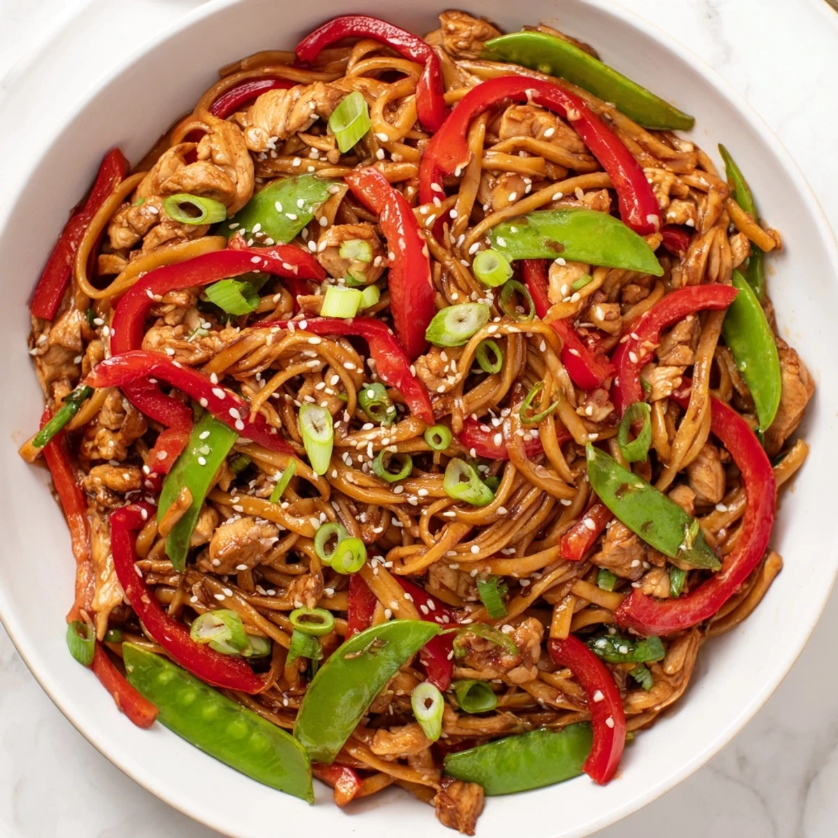 This Sesame Hoisin Ground Chicken Pasta is steaming hot, a delightful Asian-inspired fusion dinner.